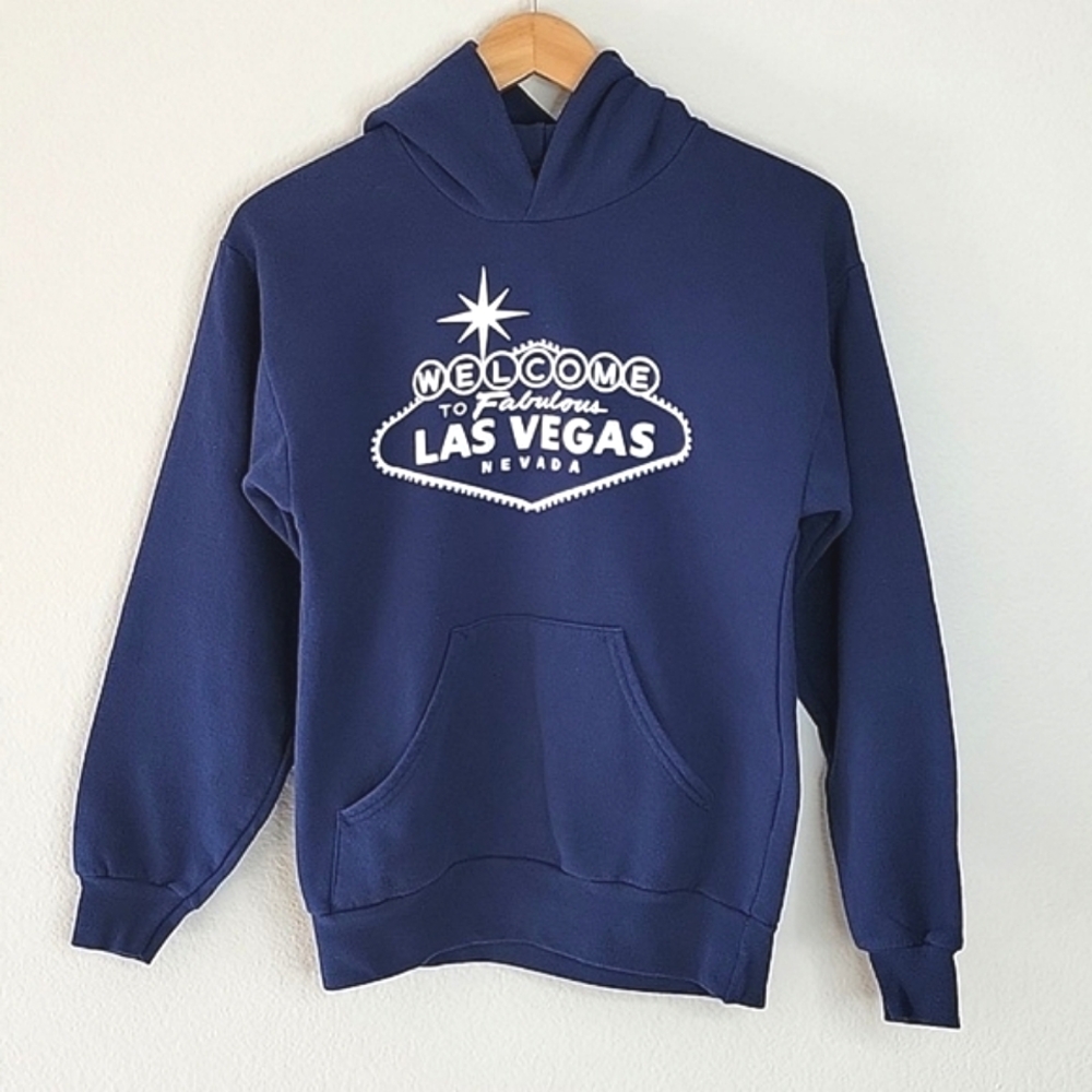 HANES Navy Blue White 100% Cotton Las Vegas Hooded Unisex Sweatshirt size YL